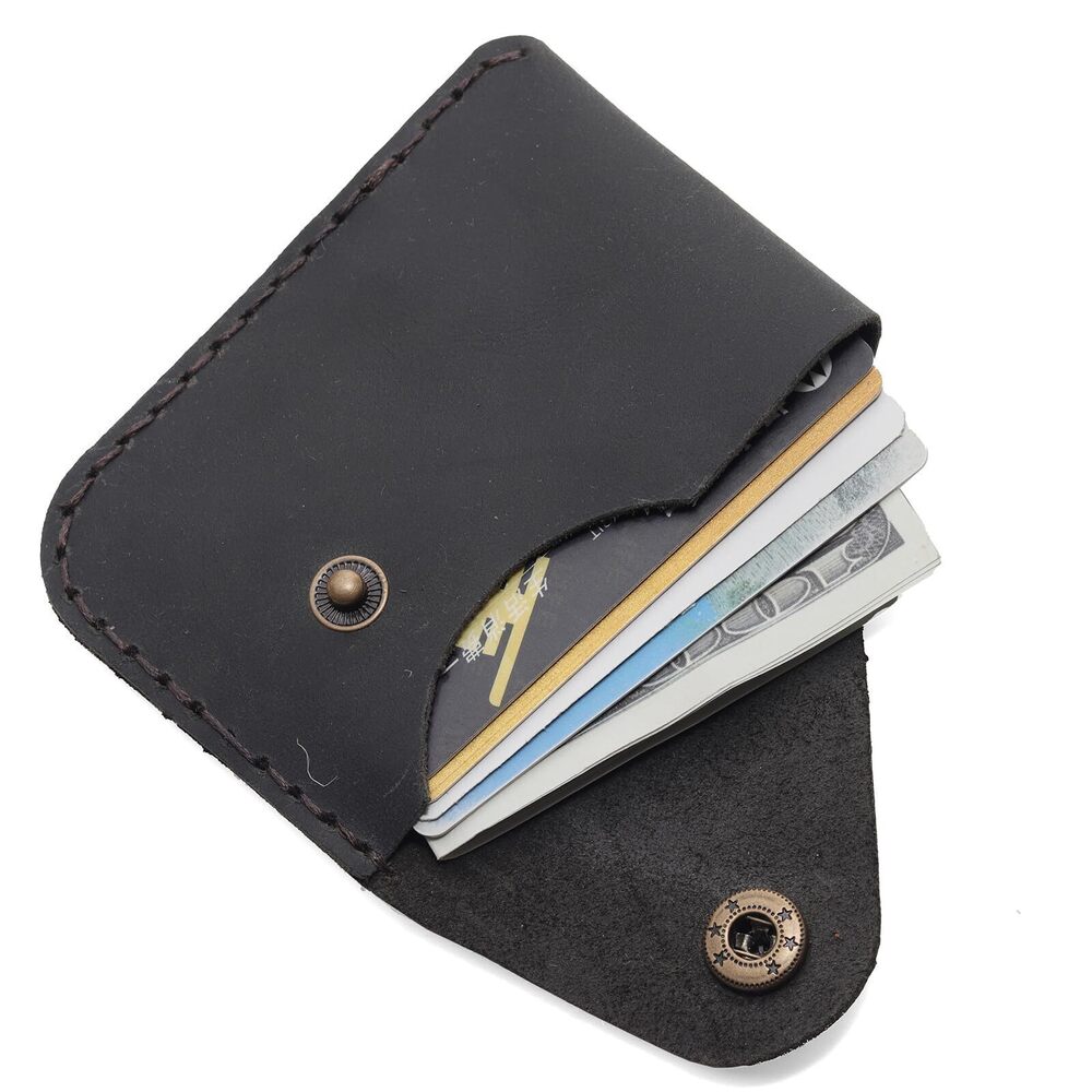 8256 Handmade Black Vintage Leather Card Wallet – Decorative Metal Snap